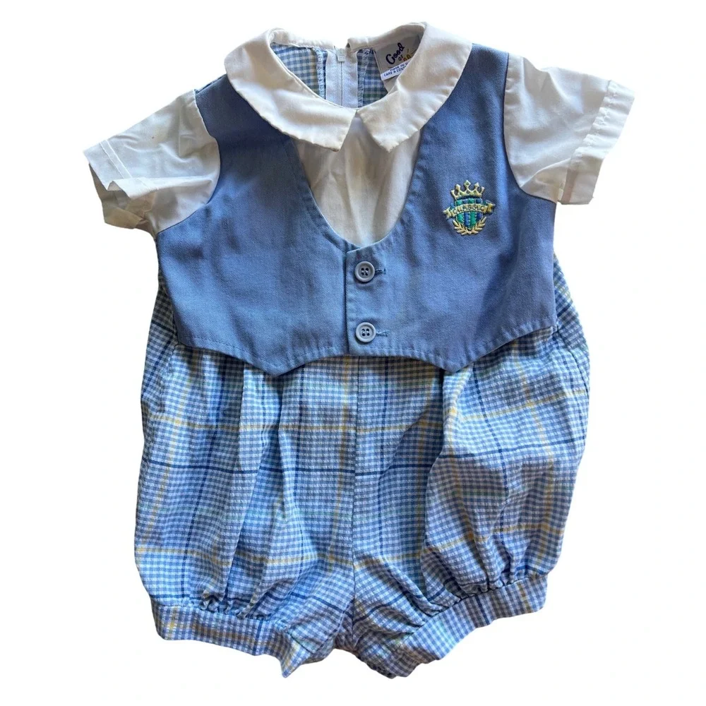 Vintage Good as Gold Baby Boy Plaid Bubble Romper Blue Yellow 18 Months USA Made